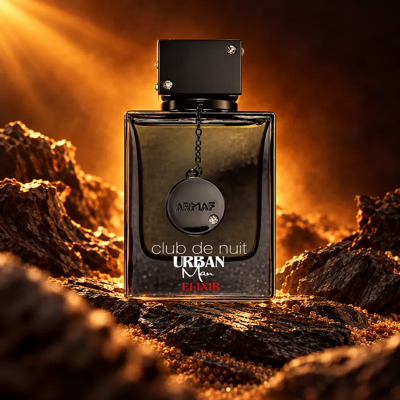 Club de Nuit Urban Man Elixir de Armaf sobre material natural, con luz cálida